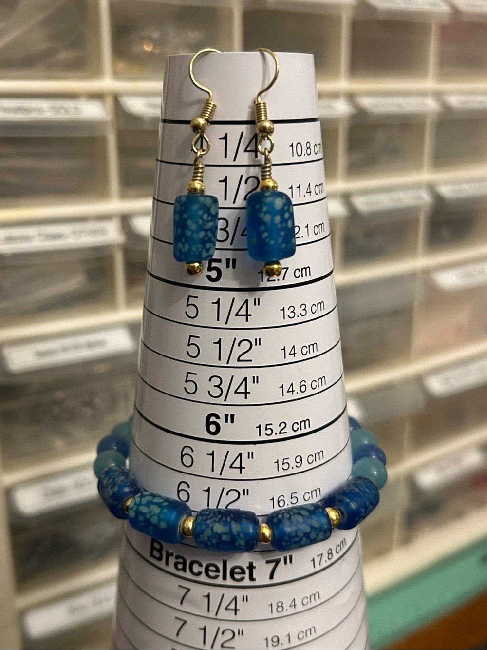 Handmade Gold & Blue Memory Wire Bracelet & Earrings Set